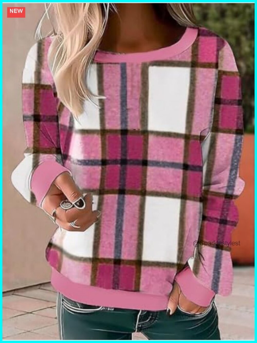 Women's Round Neck Long Sleeve Plaid Print Sweatshirt